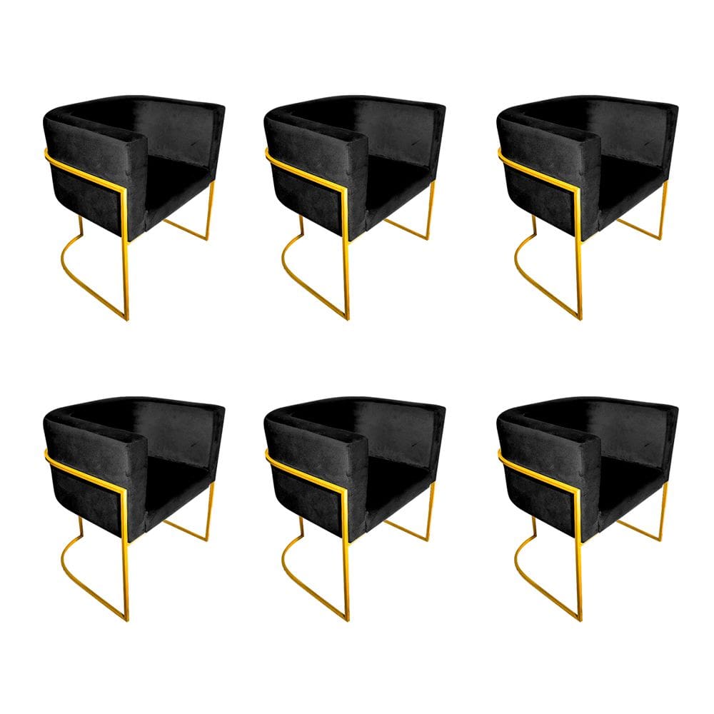 Kit 6 Cadeiras de Jantar Premium Base de Ferro Dourada Veludo Preto
