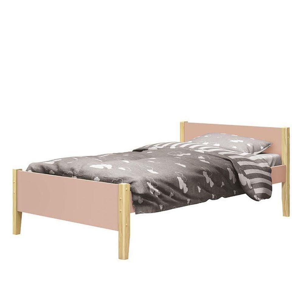 Cama Solteiro Simba Rosa Fosco Com Pés Madeira Natural - Reller Móveis Rosa Fosco
