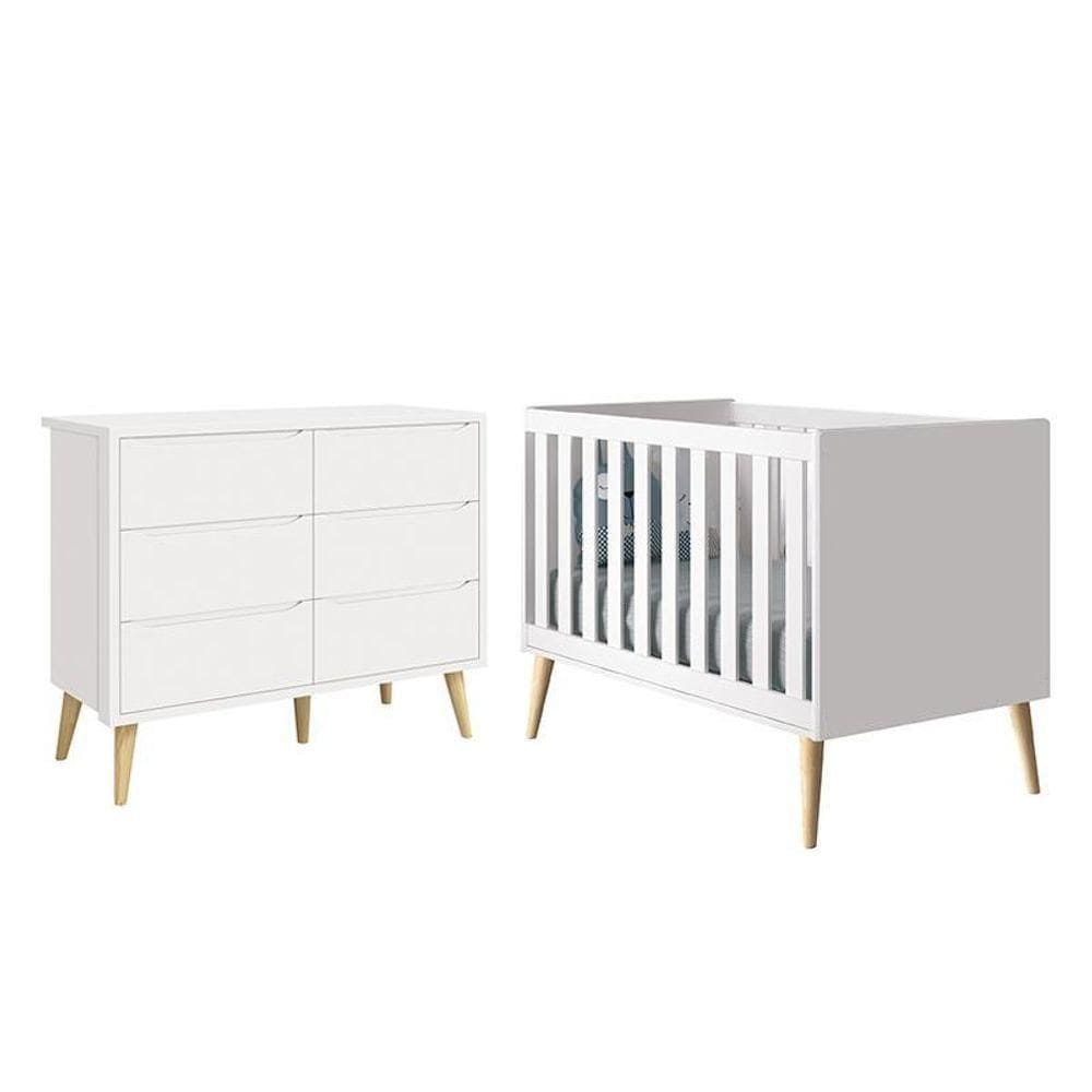 Jogo De Quarto Infantil Theo Cômoda 6 Gavetas E Berço Branco Fosco Com Pés Madeira Natural - Reller Móveis Branco Fosco