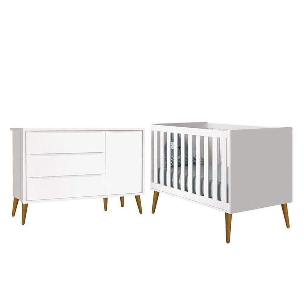 Jogo De Quarto Infantil Theo Retrô Cômoda 1 Porta E Berço Branco Fosco Com Pés Amadeirado - Reller Móveis Branco Fosco