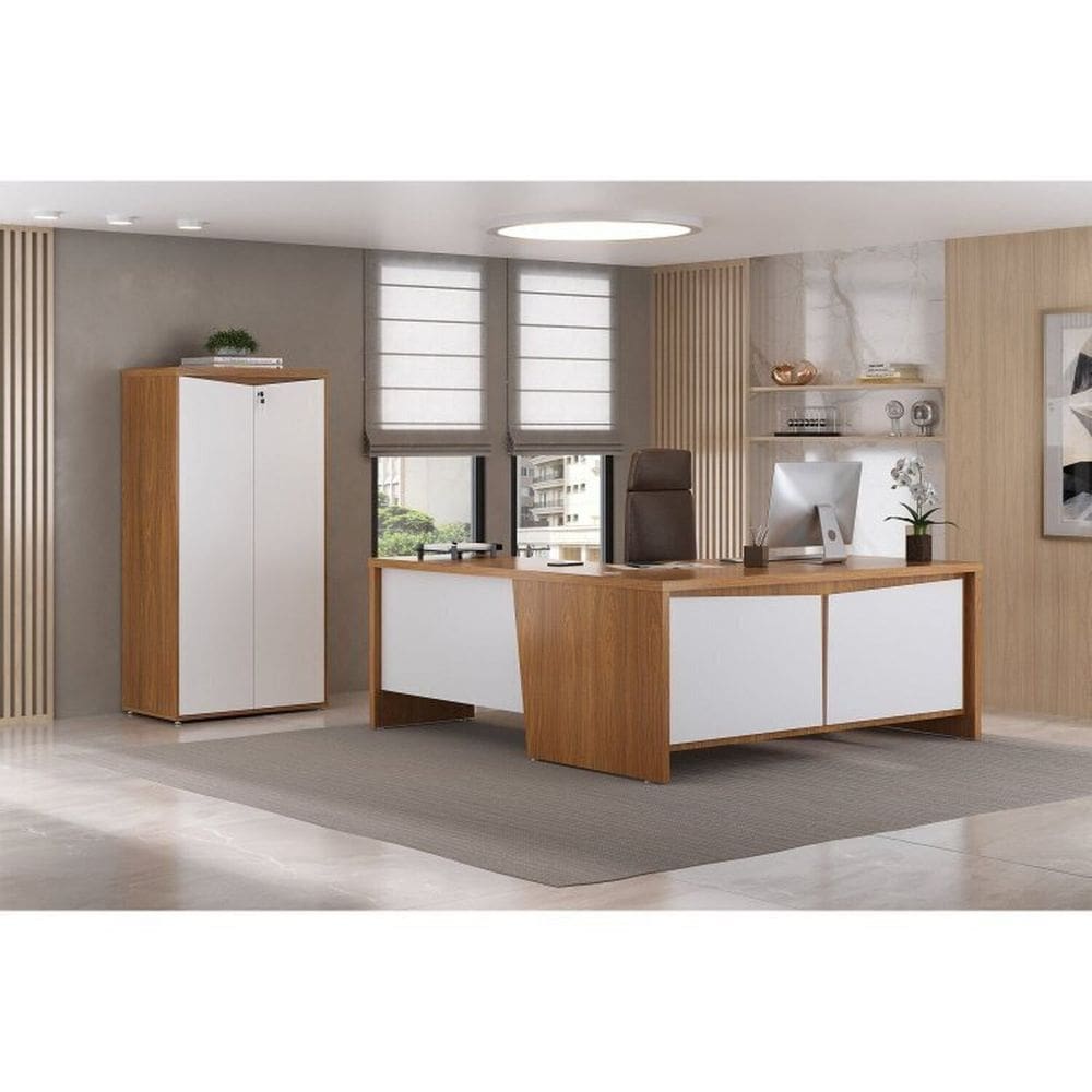 Kit 2 Peças com Mesa Diretor em L para Escritório com Recorte em Y e Armário Multiuso 2 Portas Freijó/Branco