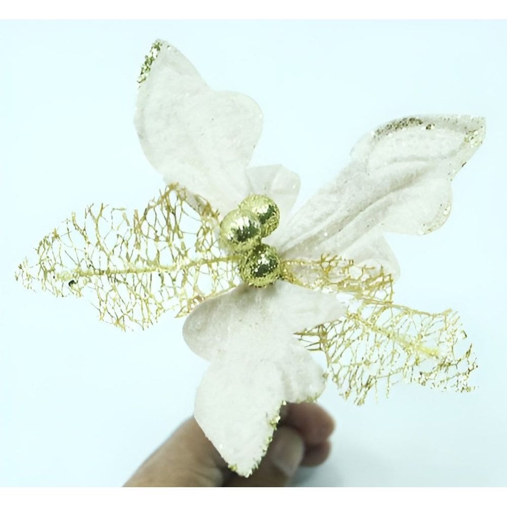 Kit 10 Flor Artificial Decoração Brilho Ouro Glitter 15cm