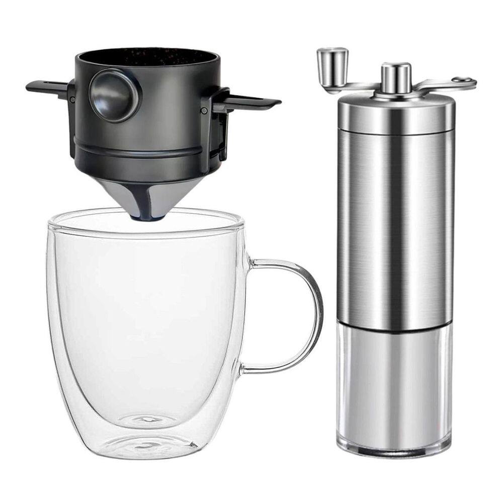 Kit Mini Filtro Café + Moedor Manual + Caneca Vidro 350Ml