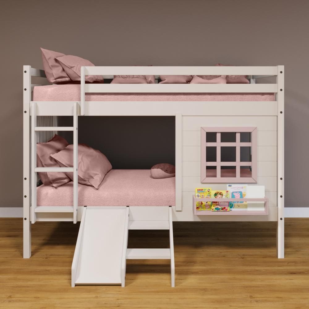 Beliche Infantil com Janela Escorregador e Cortina Madeira Maciça Branco/ Rosa Housin