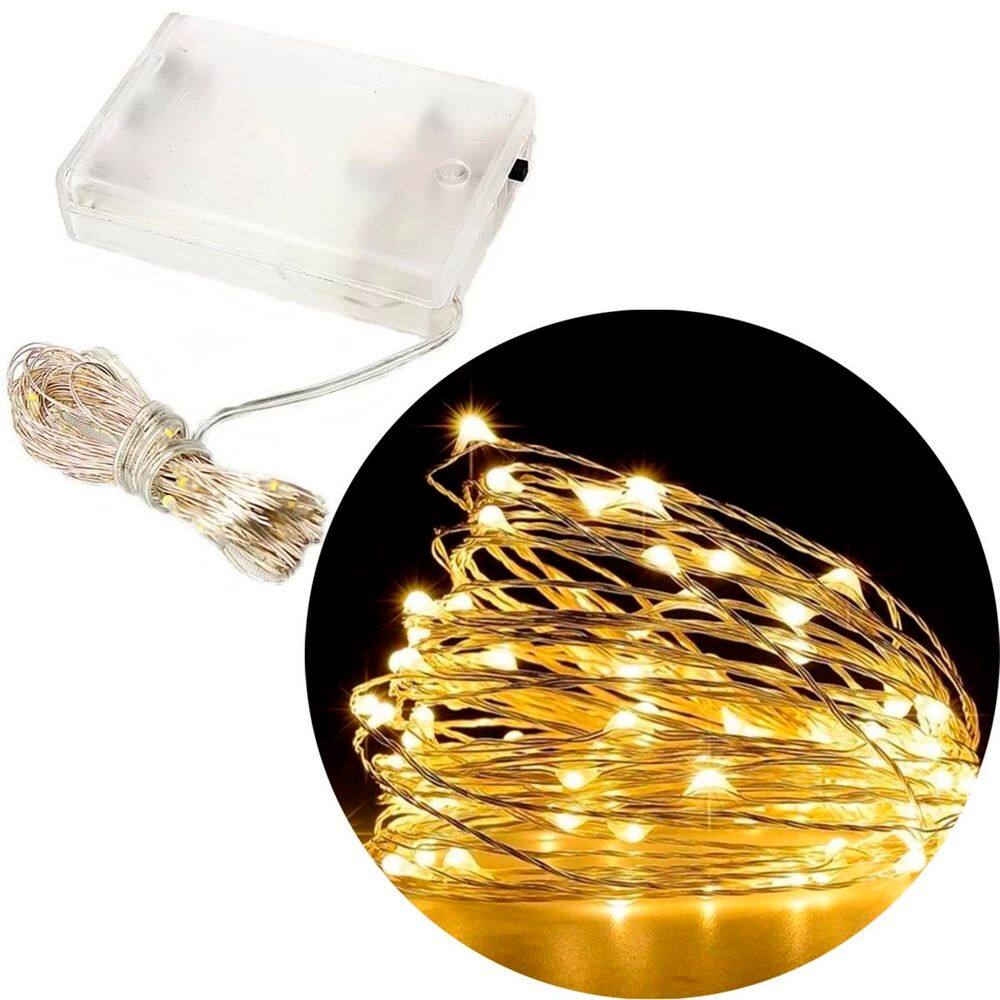 Fio Fada 30 Lâmpadas Cordão LED Luz Amarelo 3 Metros Á Pilha