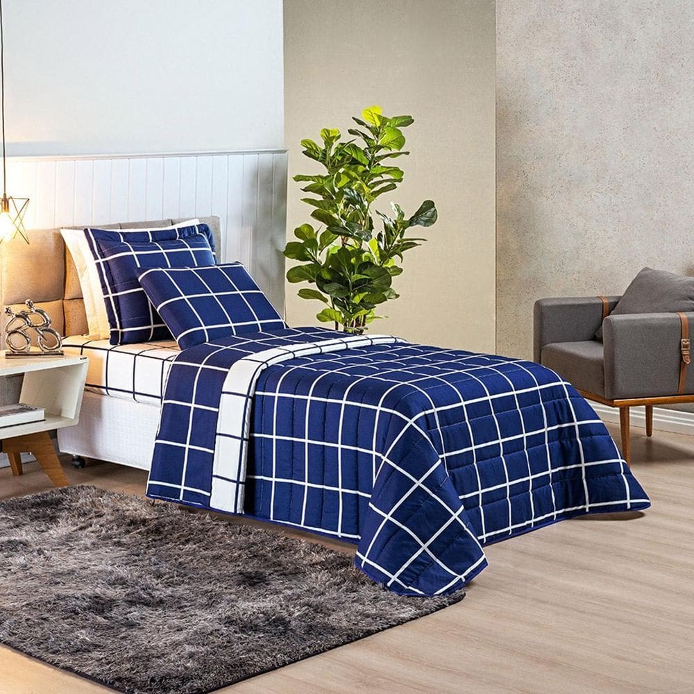 Colcha Cama Solteiro 2 Peças Geométrico 200 Fios Marinho