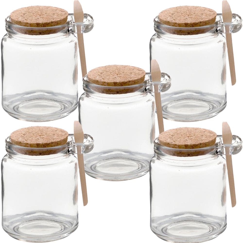 Kit 5 Pote Vidro Borossilicato 240ml Colher De Madeira Rolha