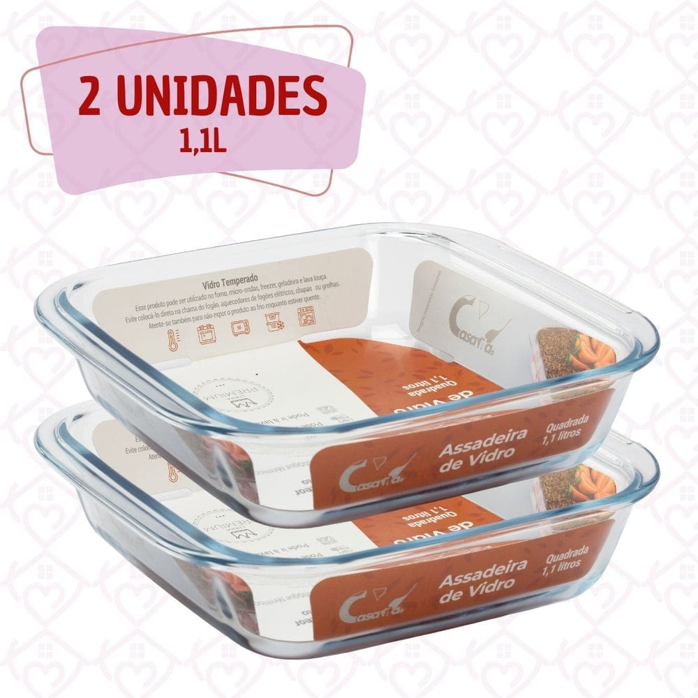 Conj 2 Travessa Refratária Saladeira Quadrada Vidro 1,1L
