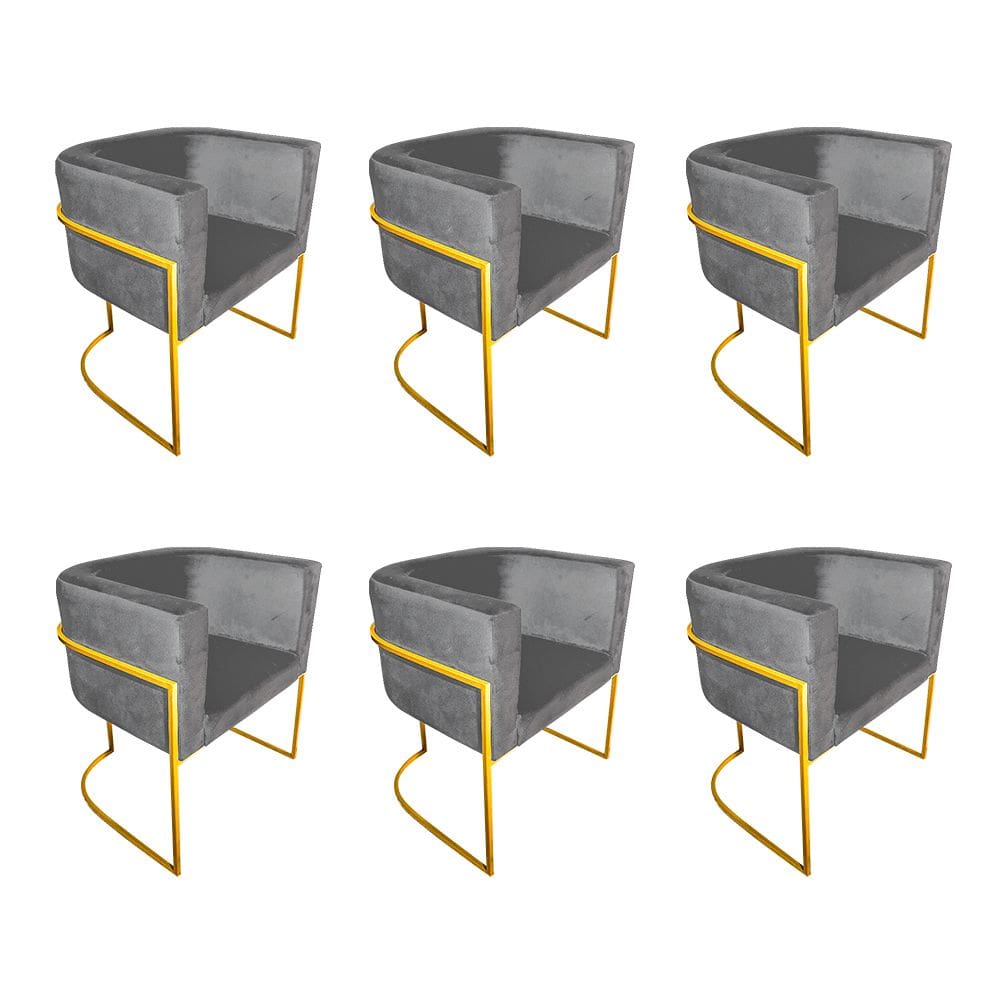 Kit 6 Cadeiras de Jantar Premium Base de Ferro Dourada Veludo Cinza
