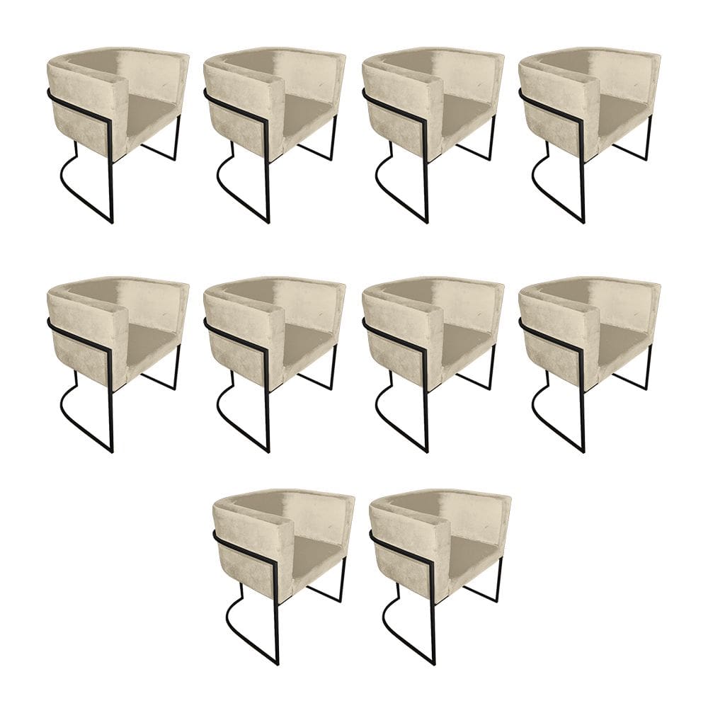 Kit 10 Cadeiras de Jantar Premium Base de Ferro Preta Veludo Bege