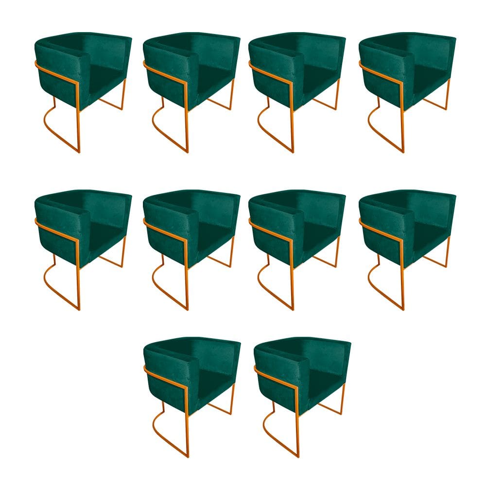 Kit 10 Cadeiras de Jantar Premium Base de Ferro Cobre Veludo Verde