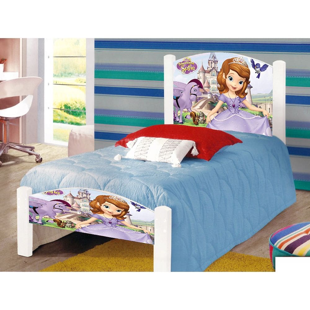 Cama Solteiro Infantil Adesivada Princesa Sofia com Grade de Proteção