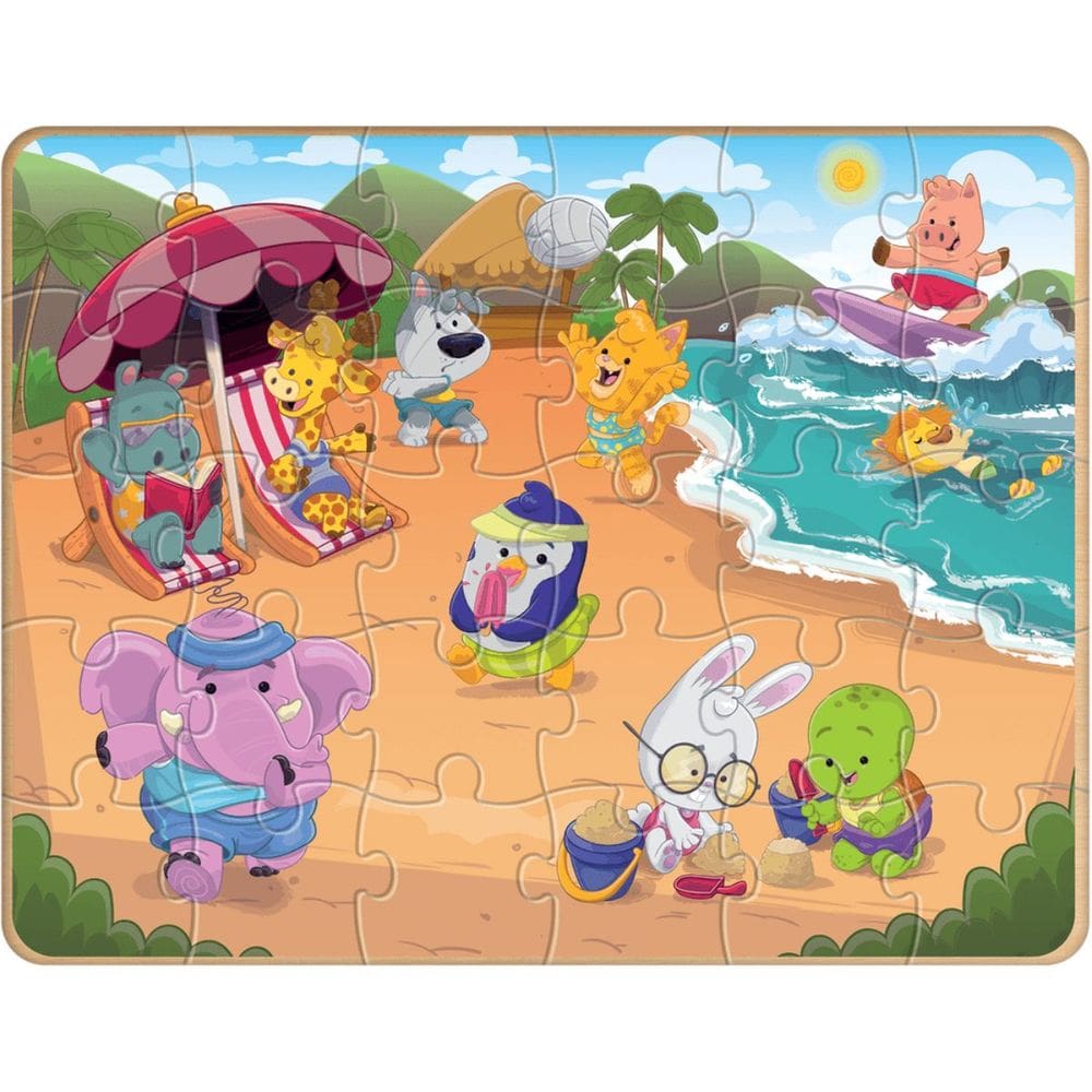 Brinquedo Quebra Cabeça Infantil Bichos em Férias 30 Peças Puzzle Infantil Grande em Madeira