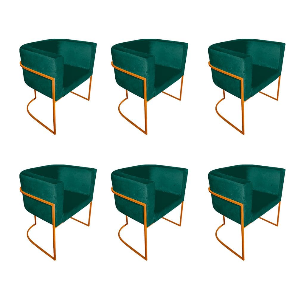 Kit 6 Cadeiras de Jantar Premium Base de Ferro Cobre Veludo Verde