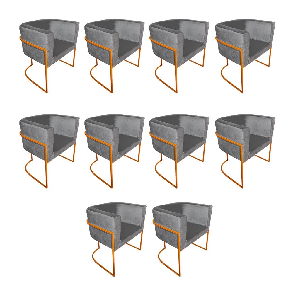 Kit 10 Cadeiras de Jantar Premium Base de Ferro Cobre Veludo Cinza