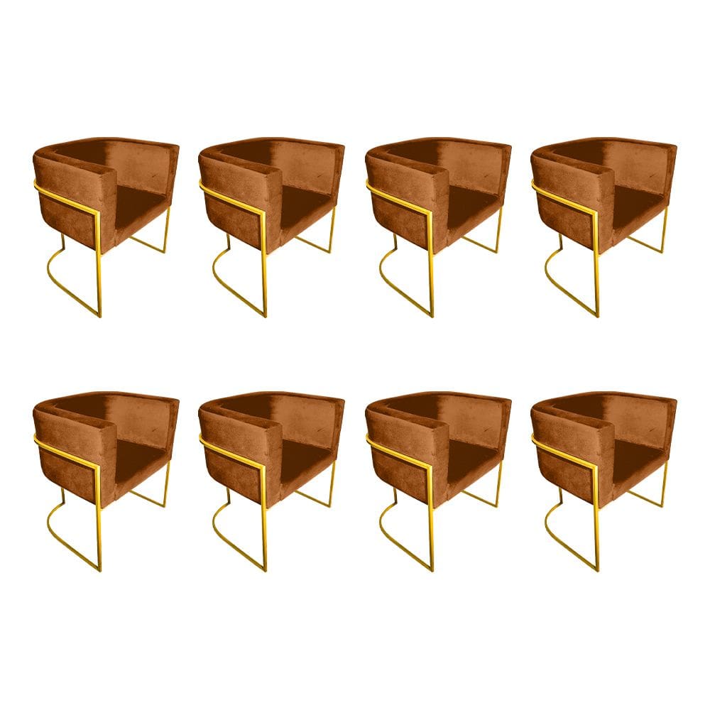 Kit 8 Cadeiras de Jantar Premium Base de Ferro Dourada Veludo Terracota