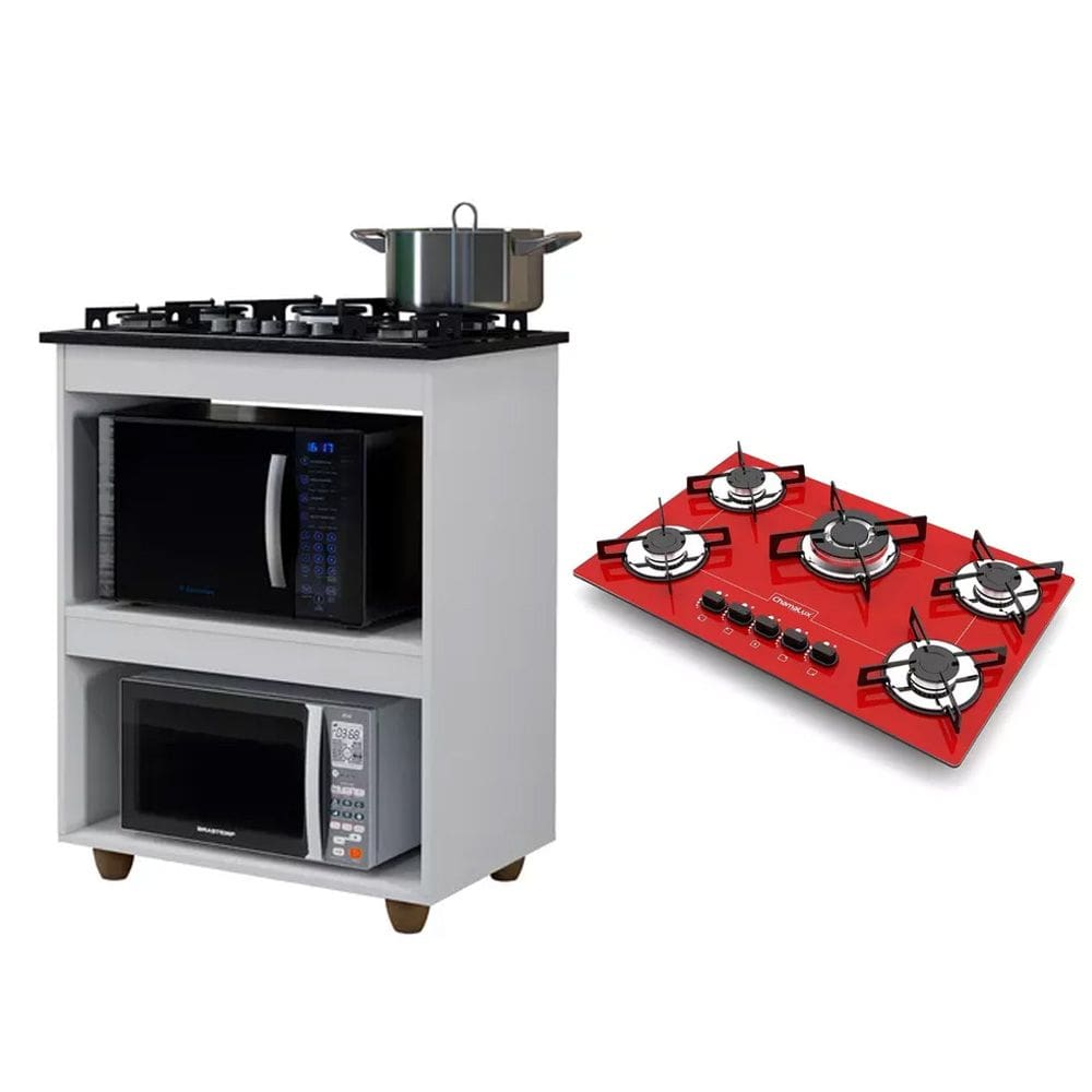 Kit Balcão para Cooktop Cozinha Kaiki Turim Branco com Fogão Cooktop 5 Bocas Tripla Chama Vermelho Chamalux