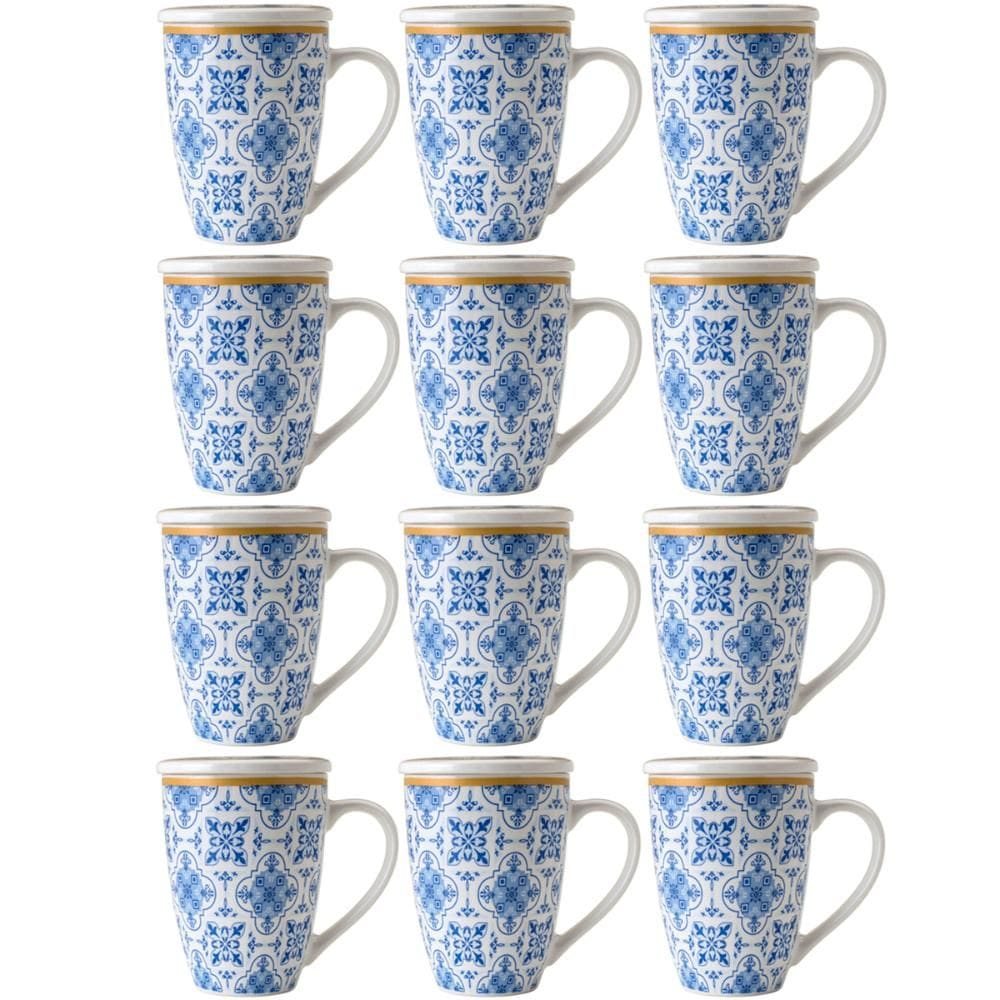 Jogo 12 Xícaras Canecas de Porcelana para Chá 310ml com Tamp