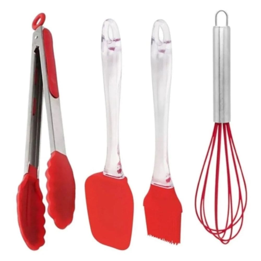 Kit Culinário Silicone 4 Peças Pincel Espátula Pegador Fue