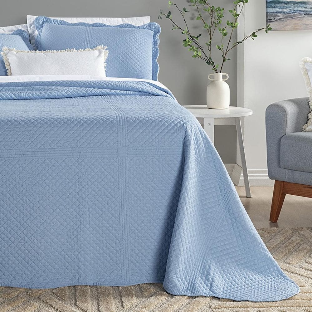 Colcha Cama Casal 3 Peça 200 Fios Matelada Chess Azul Astral