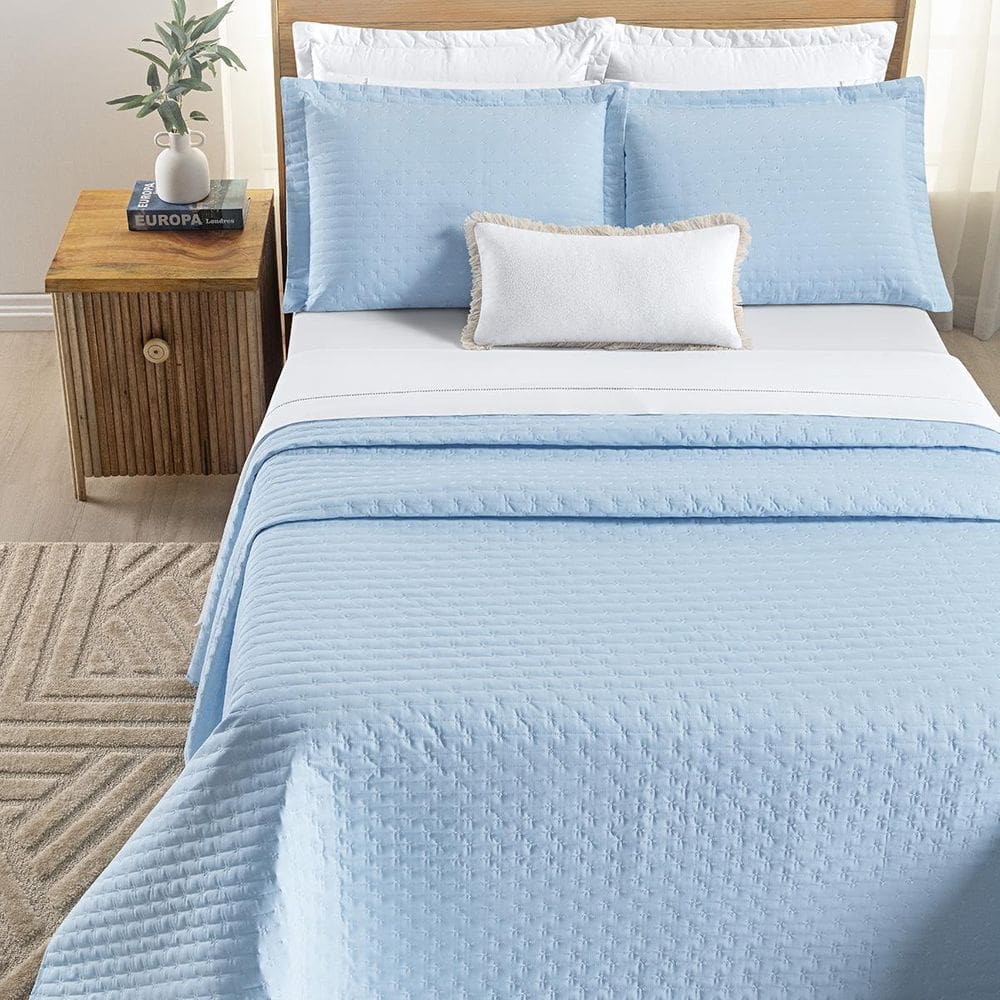 Colcha Cama Casal 3 Peças Bordado 200 Fios Verity Azul Céu