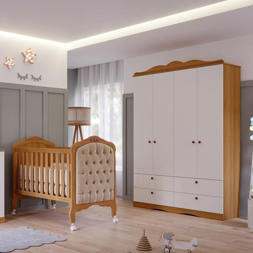 Quarto de Bebê 2 Peças com Berço Capitonê e Guarda-Roupa 4 Portas 4 Gavetas Aquarella Espresso Móveis Marrom/Branco