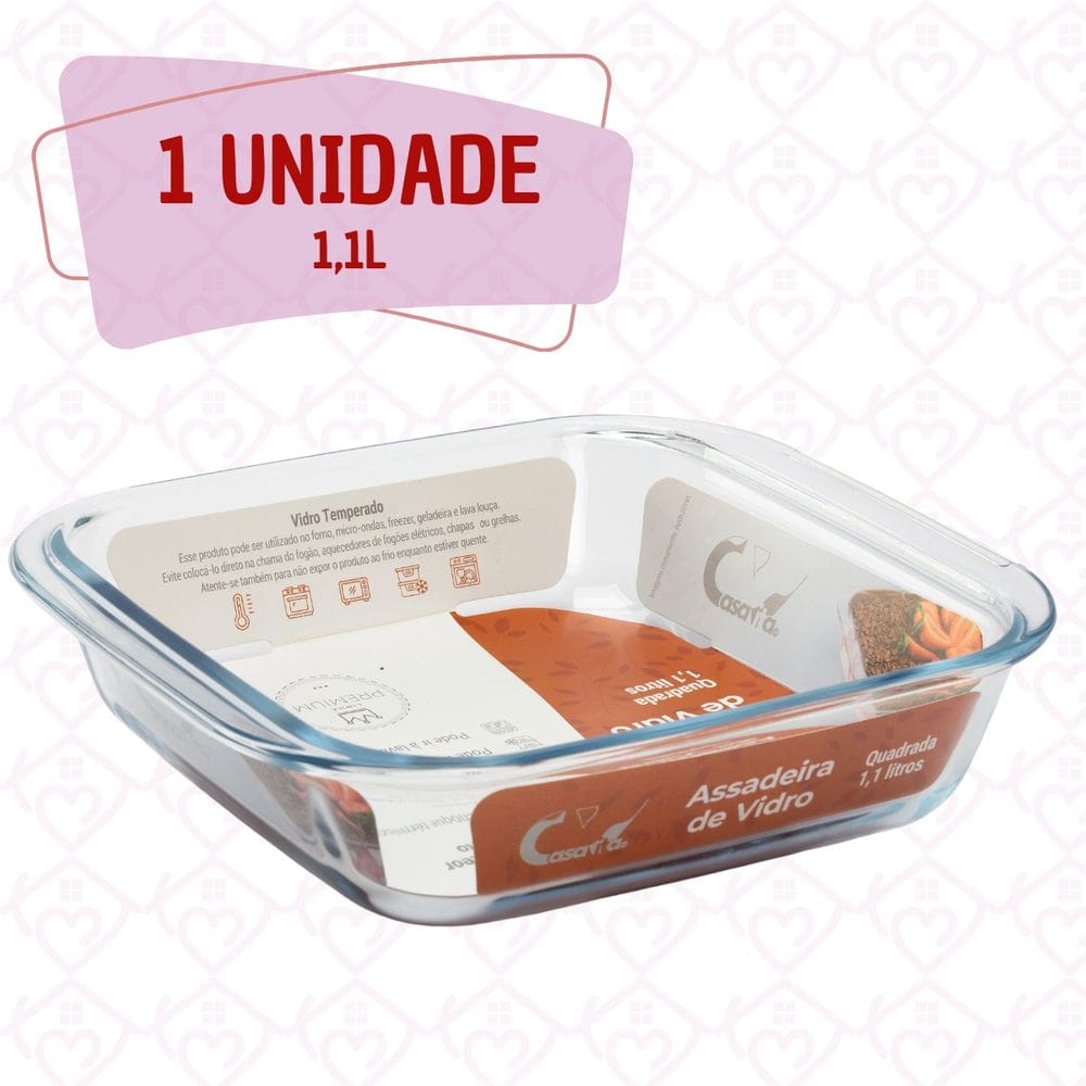 Travessa Refratária Saladeira Quadrada Vidro 1,1L Freezer