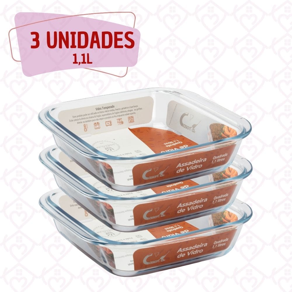 Conj 3 Travessa Refratária Saladeira Quadrada Vidro 1,1L