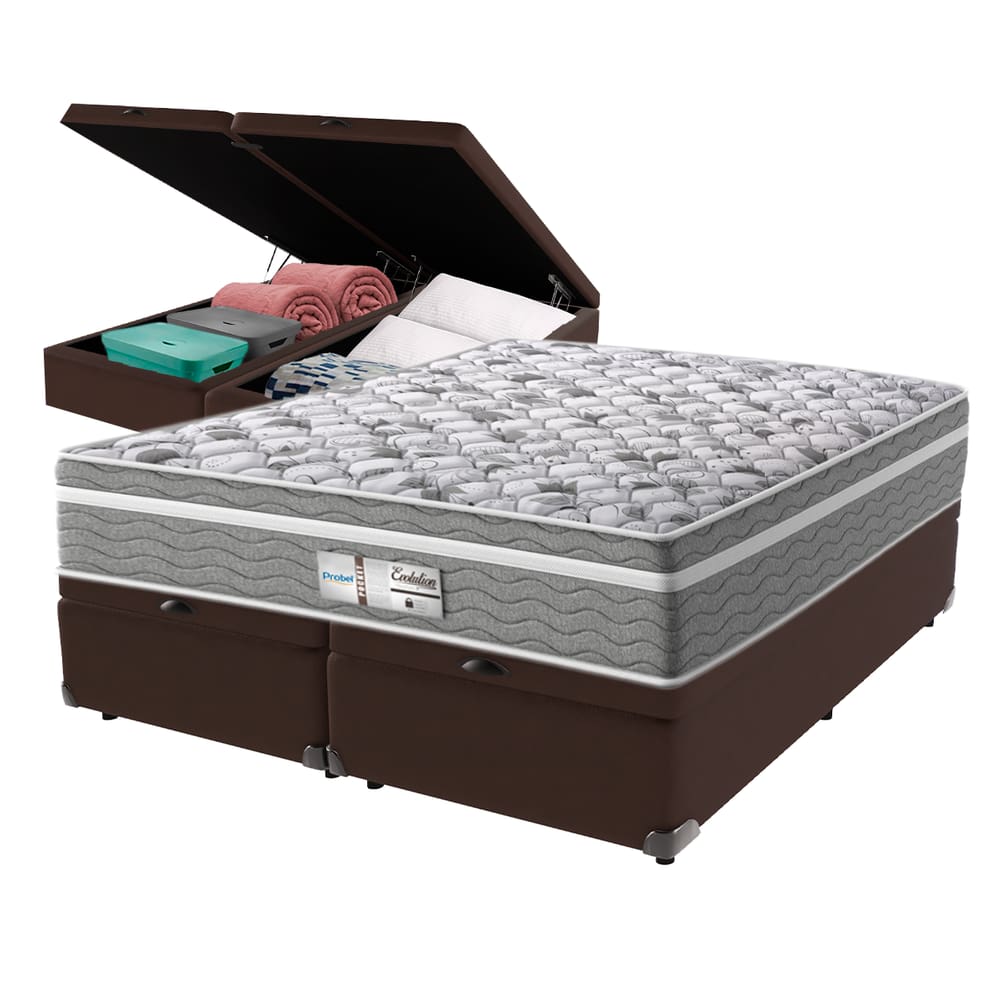 Cama Box Baú Marrom e Colchão Queen Evolution Molas Ensacadas Probel