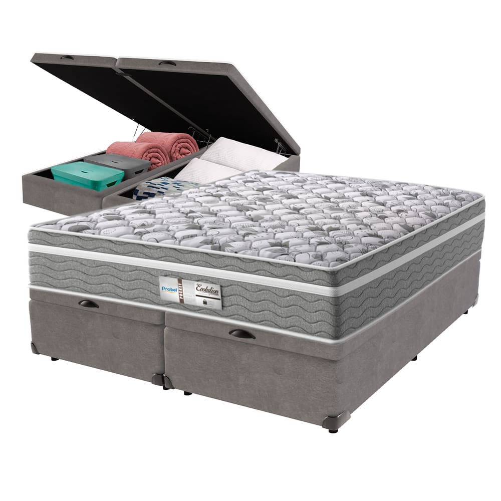 Cama Box Baú Cinza e Colchão Queen Evolution Molas Ensacadas Probel