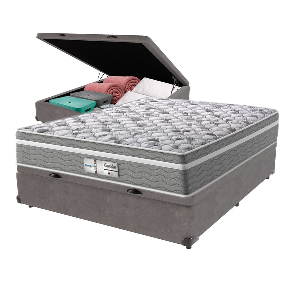 Cama Box Baú Cinza e Colchão Casal Evolution Molas Ensacadas Probel
