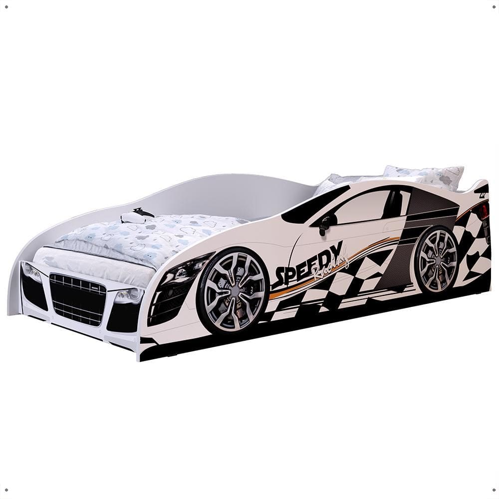 Mini Cama Carro Infantil Speedy MDF Montessoriana Proteção Lateral Colchão Incluso Decoração Quarto Menino - Branco - RPM