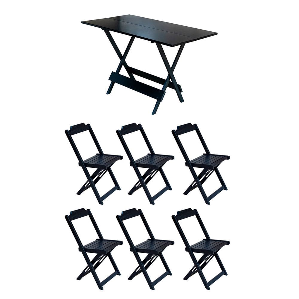 Conjunto Mesa de Madeira Dobravel 1,20x70 Preto 6 Cadeiras