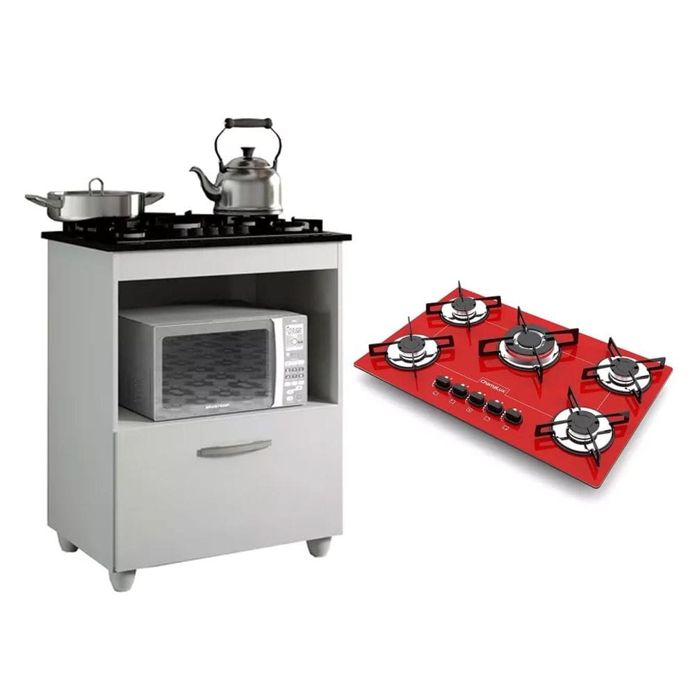 Kit Balcão para Cooktop Cozinha Kaiki Salvia Branco com Fogão Cooktop 5 Bocas Tripla Chama Vermelho Bivolt Chamalux