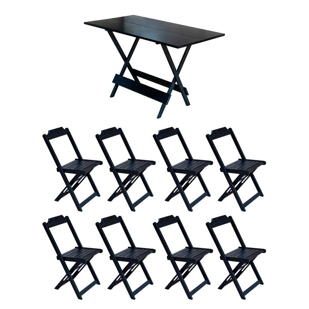 Conjunto Mesa de Madeira Dobravel 1,20x70 Preto 8 Cadeiras