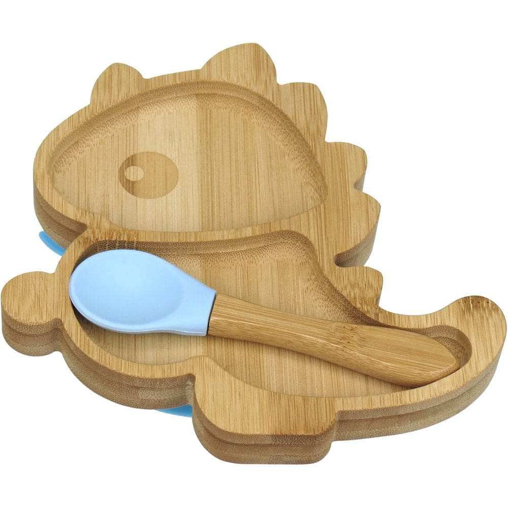 PRATO INFANTIL CRIANÇA BEBÊ COM COLHER E VENTOSA HOME&CO DINOSSAURO BAMBU 3x18x18cm NATURAL