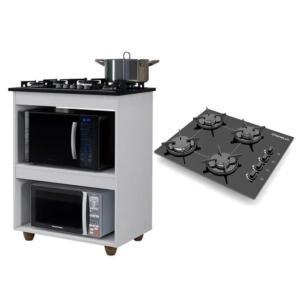 Kit Balcão para Cooktop Cozinha Kaiki Turim Branco com Fogão Cooktop Chef 4 Bocas Ultra Chama Preto Chamalux