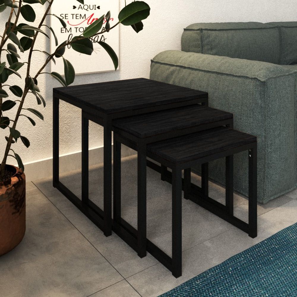 Trio Mesa Lateral Industrial Isabella Preto  E Tampo Preto