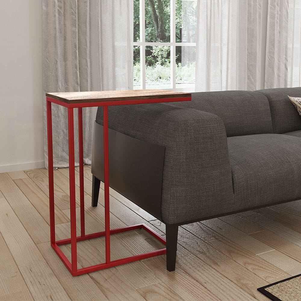 Mesa Lateral Industrial Elena Tampo Amendoa Base Ferro Vermelho