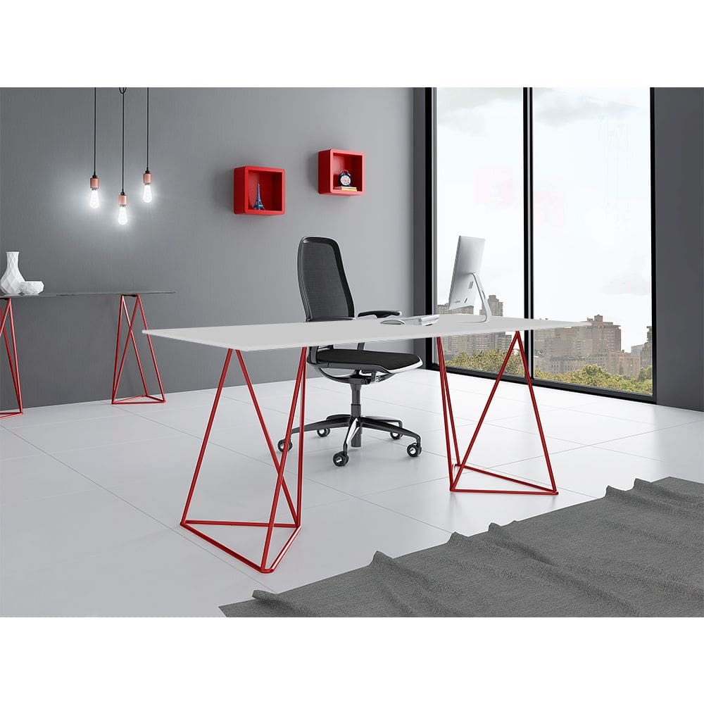 Escrivaninha Bela Vista Cavalete Tampo Branco Base Ferro Vermelho