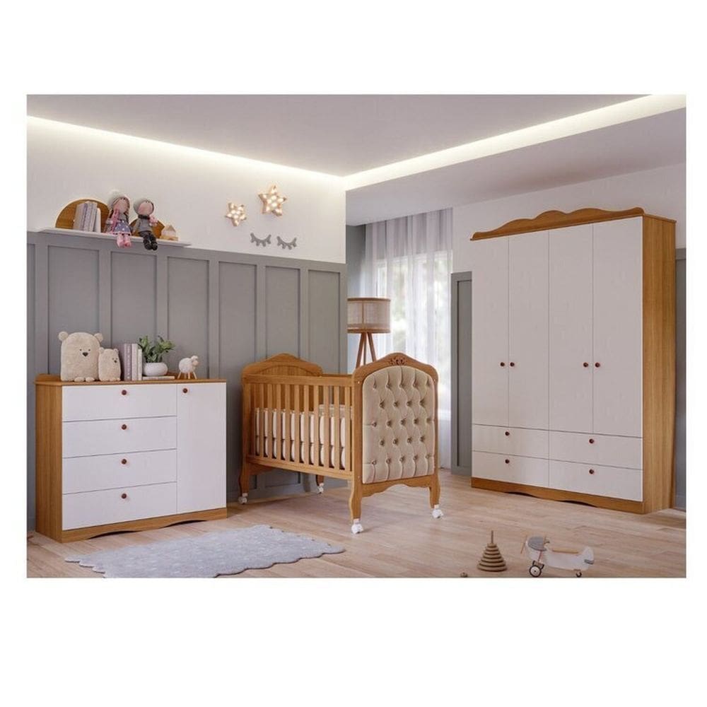 Quarto de Bebê 3 Peças com Berço Capitonê Cômoda 4 Gavetas e Guarda-Roupa 4 Pts 4 Gavetas Aquarella Espresso Móveis Marrom/Branco