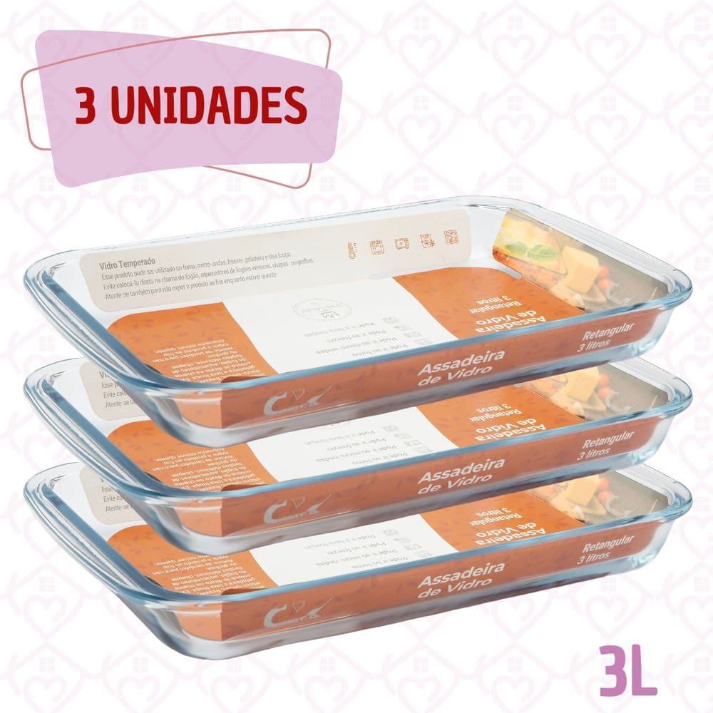 3 Refratário Grande 3l Vidro Temperado Resistente Retangular