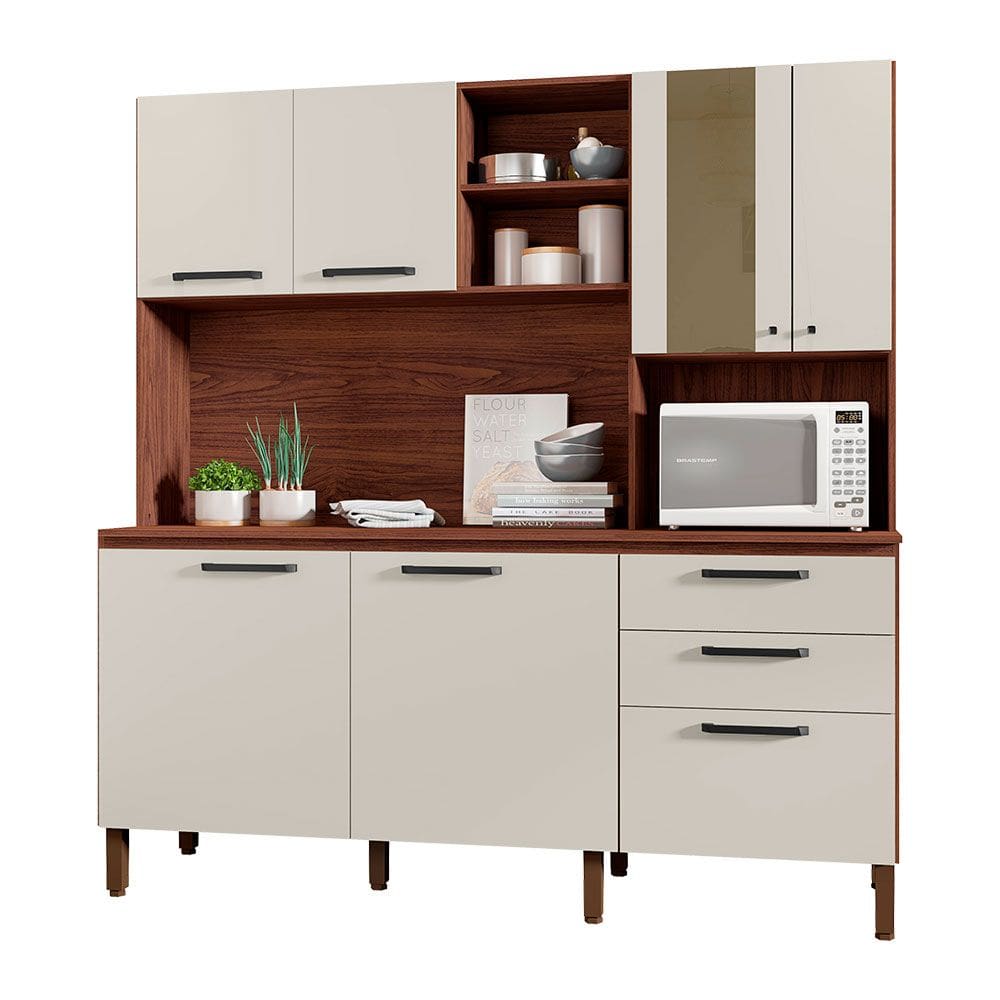 Armário de Cozinha Compacta 6 Portas e 3 Gavetas 182 cm Megan Nogueira/Off White - Pallazio