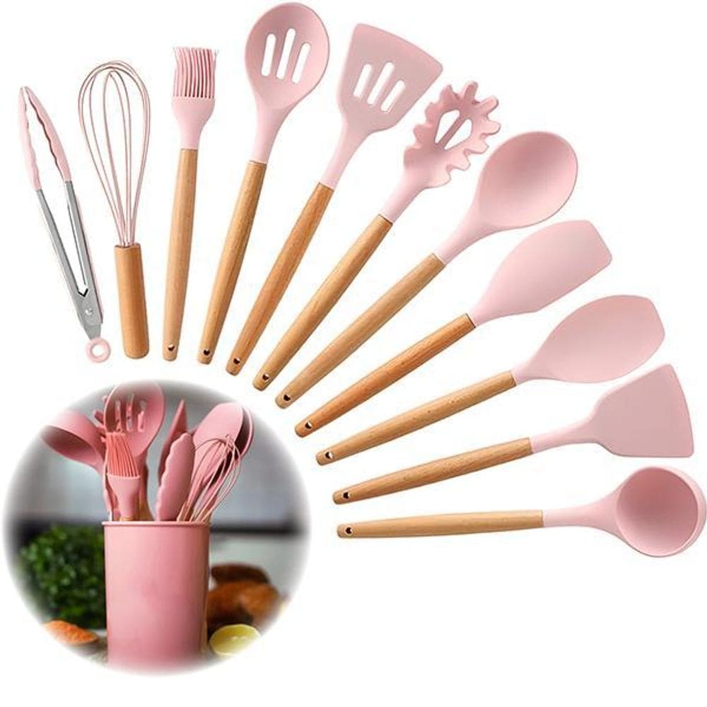 Kit 12 Peças Jogo De Cozinha Utensílios De Silícone Rosa