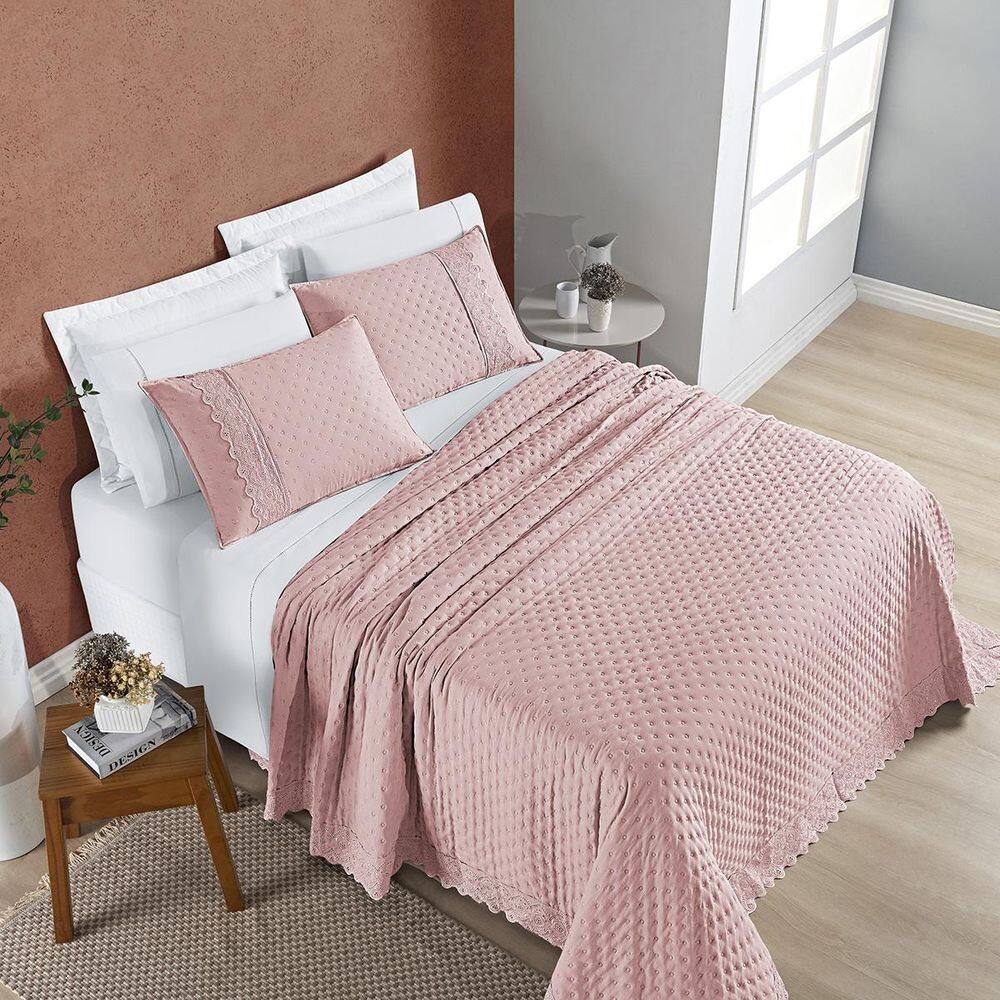 Colcha Cobre Leito King 3 Peças Bordado 200 Fios Sal Rosa