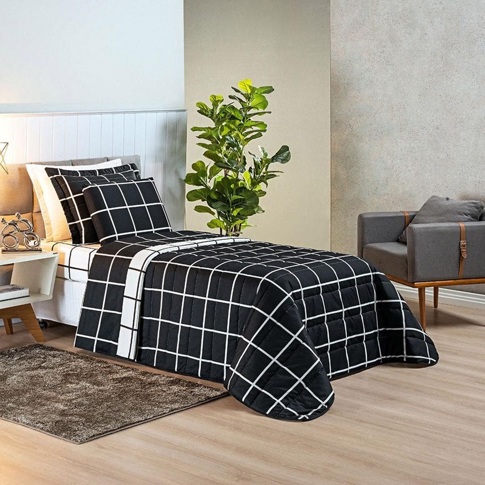 Colcha Cama Solteiro 2 Peças Geométrico 200 Fios Preto