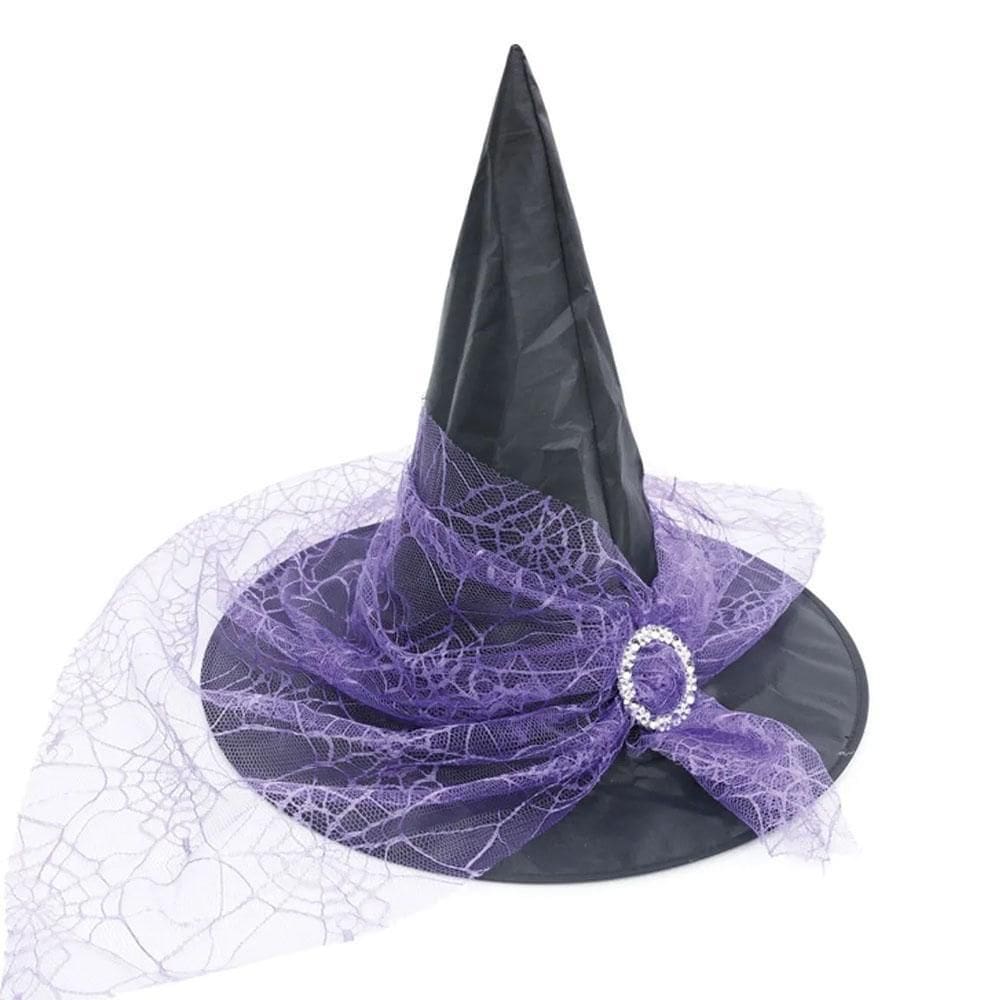 Chapéu De Bruxa Cloe Com Véu Roxo Halloween Fantasia