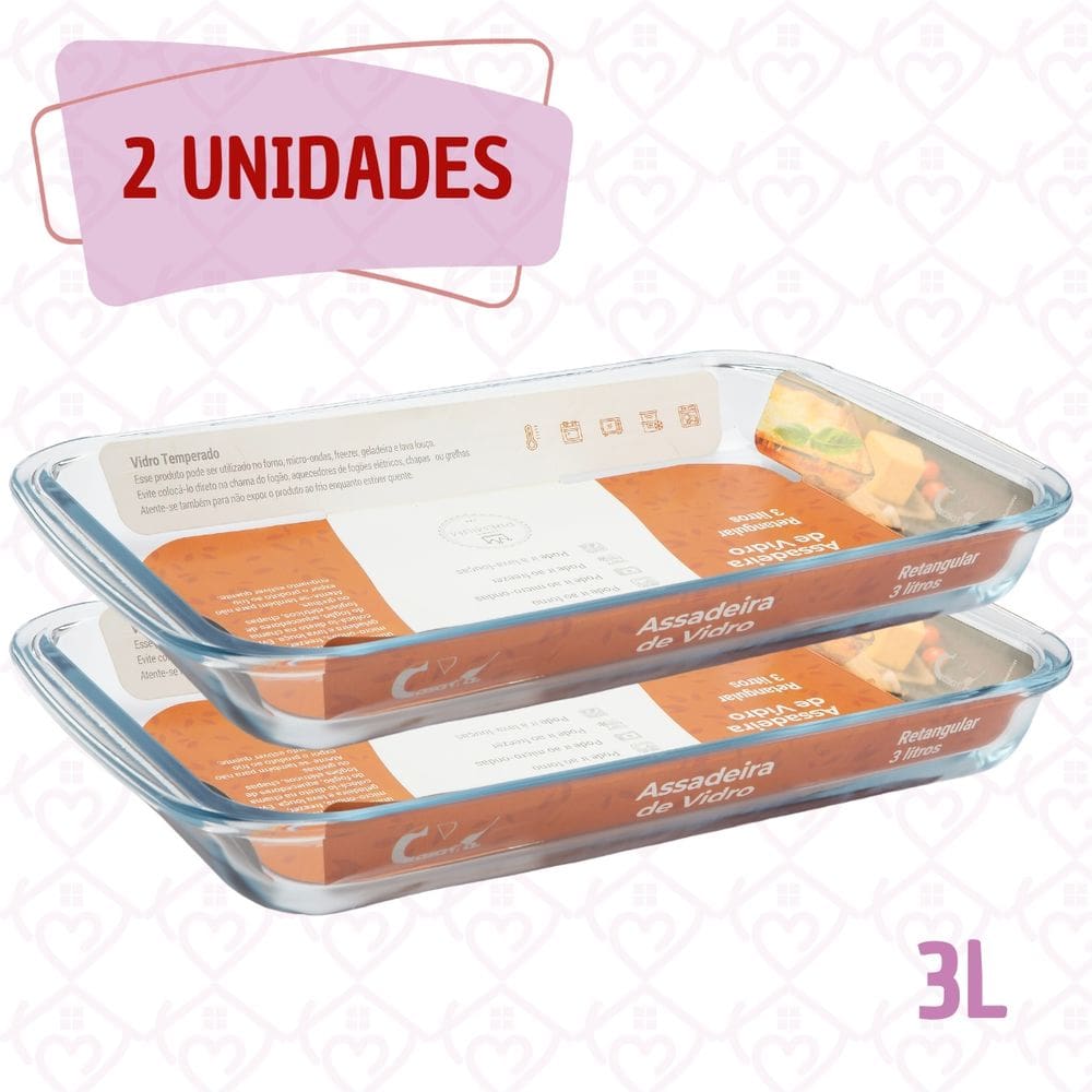 2 Refratário Grande 3l Vidro Temperado Resistente Retangular