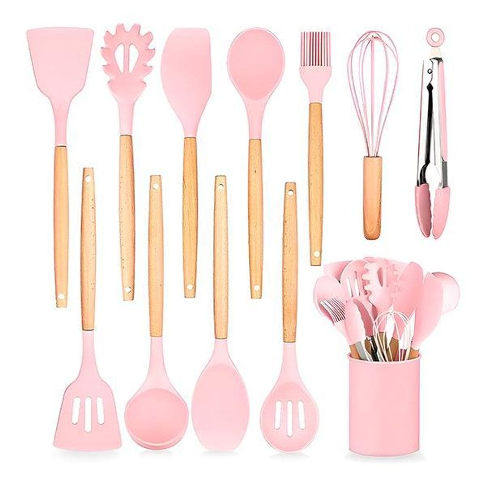 Kit 12 Utensílios De Cozinha Peças De Silicone Madeira Rosa