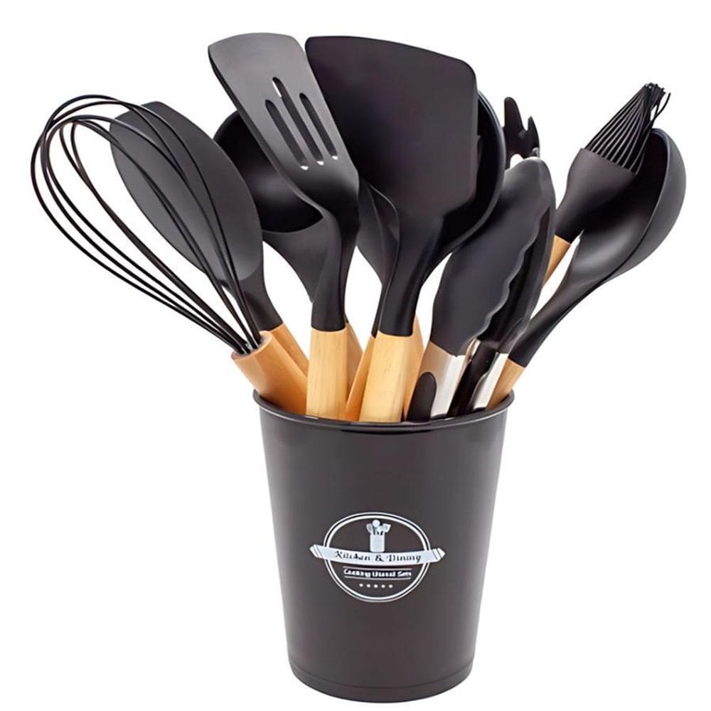 Kit Utensílios De Cozinha 12 Peças Bambu Silicone Resistente